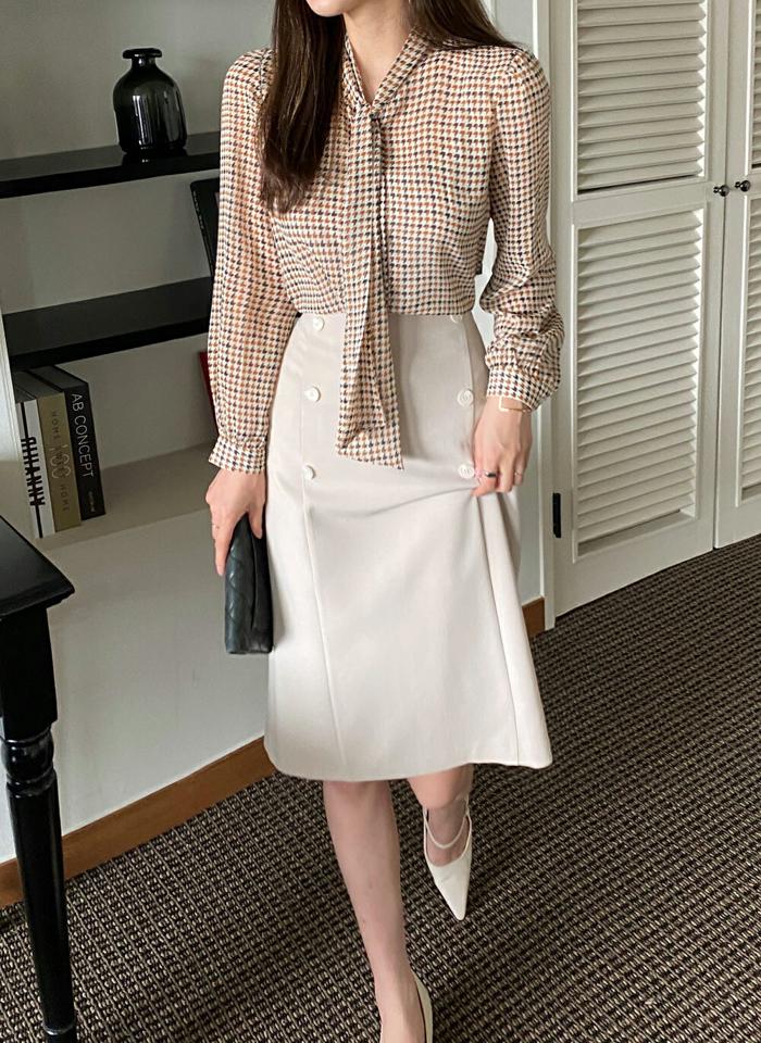 ハウンドトゥースボウタイブラウス・b00980 レディース 【bl】ブラウス トップス 柄 模様 長袖 ボウタイ タイ オフィスカジュアル チェック Vネック ハーフネック パフ袖 パフスリーブ 春 秋 フェミニン 上品 韓国ファッション HIHOLLI 人気