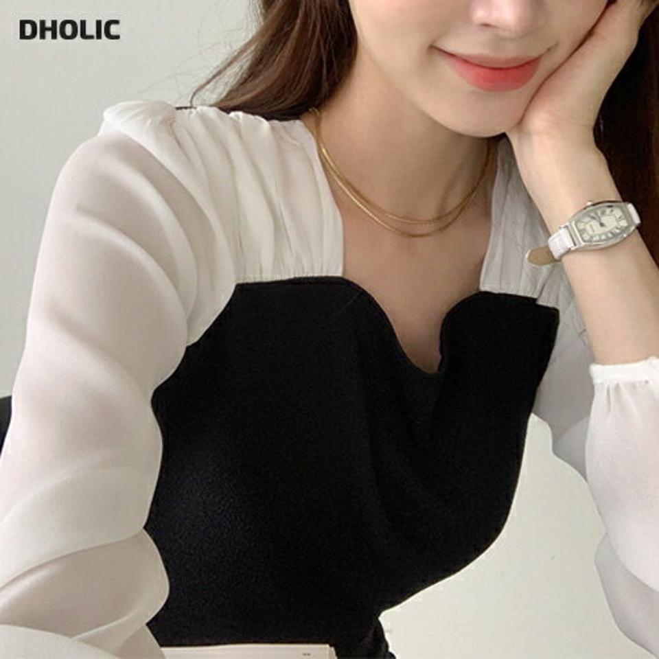 【送料無料・メール便】2TYPEハートネックシャーリングブラウス・t00975 レディース 【bl】ブラウス トップス 長袖 単色 配色 無地 シンプル オフィスカジュアル ハートネック 春 秋 フェミニン パフ袖 オケージョン 韓国ファッション HIHOLLI【UB3】