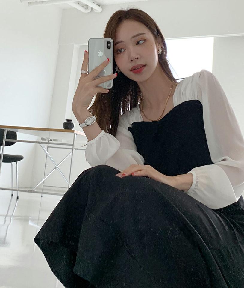 【送料無料・メール便】2TYPEハートネックシャーリングブラウス・t00975 レディース 【bl】ブラウス トップス 長袖 単色 配色 無地 シンプル オフィスカジュアル ハートネック 春 秋 フェミニン パフ袖 オケージョン 韓国ファッション HIHOLLI【UB3】