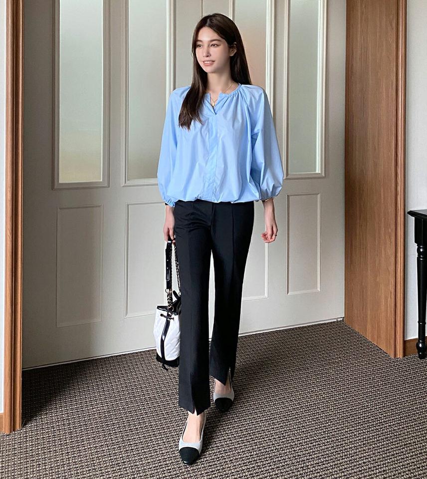 スリットボリュームブラウス・b01004 レディース 【bl】ブラウス トップス 七分袖 7分袖 単色 無地 シンプル ベーシック パステル 体型カバー スリット ギャザー ラグラン 春 秋 フェミニン 水色 スカイブルー 韓国ファッション ハイホリHIHOLLI