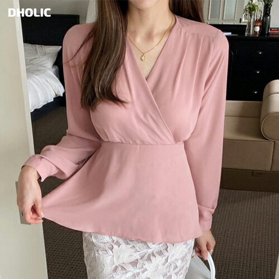 カシュクールリボンブラウス・b00973 レディース 【bl】ブラウス トップス 長袖 Vネック デコルテ パステル カシュクール フレア ペプラム オフィス 春 秋 フェミニン 大人 お腹カバー ピンク インしない 上品 韓国ファッション ハイホリHIHOLLI
