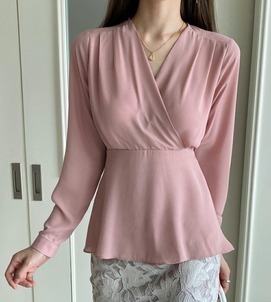 カシュクールリボンブラウス・b00973 レディース 【bl】ブラウス トップス 長袖 Vネック デコルテ パステル カシュクール フレア ペプラム オフィス 春 秋 フェミニン 大人 お腹カバー ピンク インしない 上品 韓国ファッション ハイホリHIHOLLI
