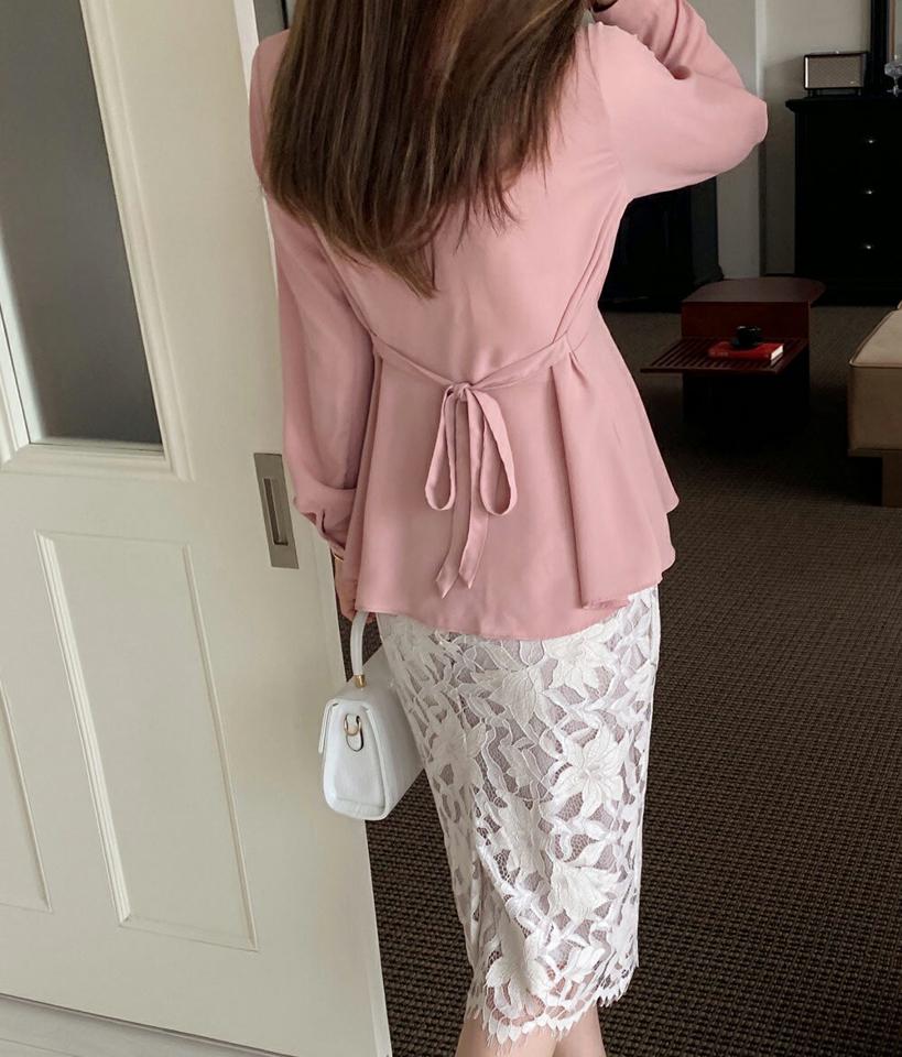 カシュクールリボンブラウス・b00973 レディース 【bl】ブラウス トップス 長袖 Vネック デコルテ パステル カシュクール フレア ペプラム オフィス 春 秋 フェミニン 大人 お腹カバー ピンク インしない 上品 韓国ファッション ハイホリHIHOLLI