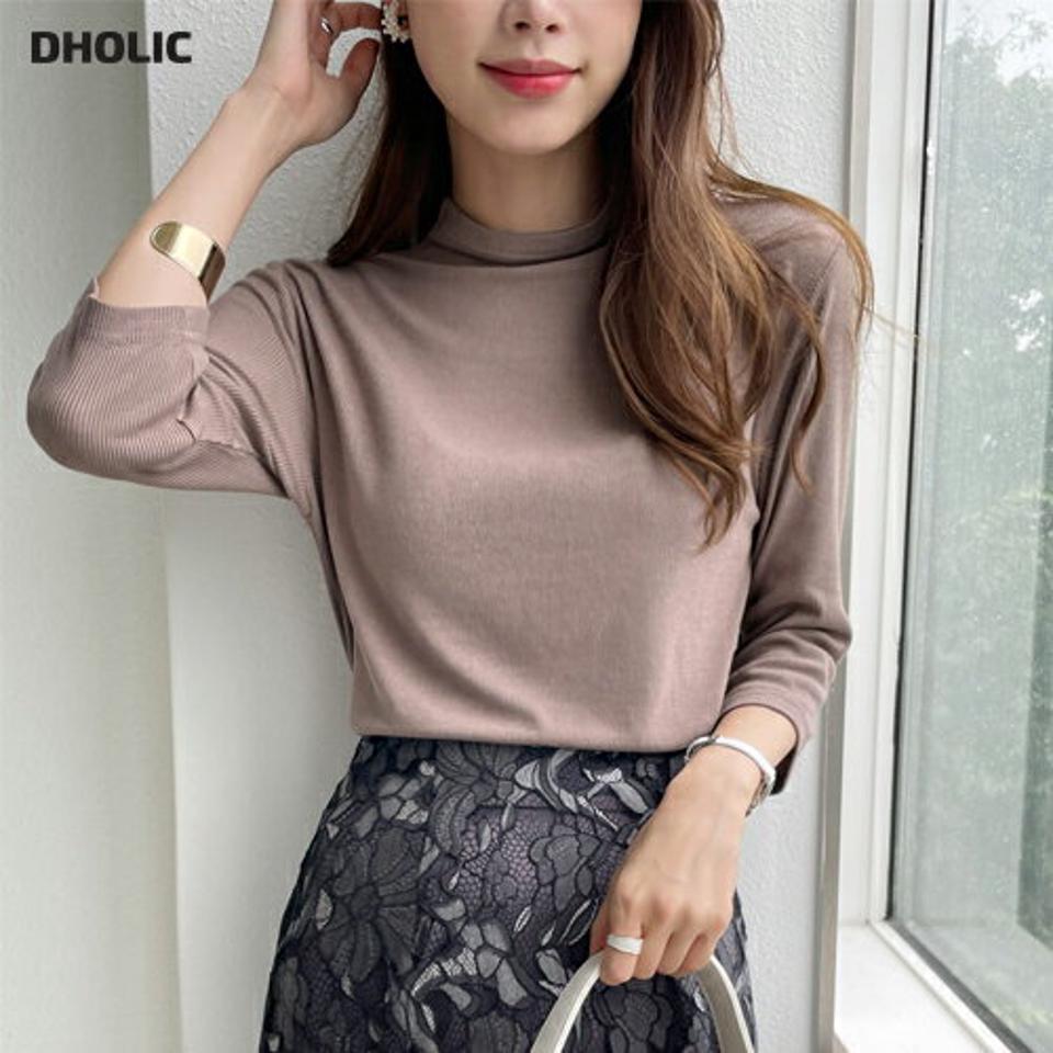ハーフネックリブTシャツ・b00971 レディース 【tops】トップス 七分袖 7分袖 ハーフネック Tシャツ リブ 単色 無地 シンプル ベーシック 春 夏 フェミニン カジュアル きれいめ オフィスカジュアル 茶色 ブラウン 韓国ファッション ハイホリHIHOLLI 人気