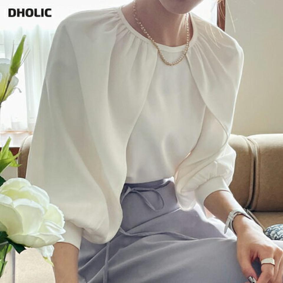 ギャザーケープブラウス・b00976 レディース 【bl】ブラウス トップス 7分袖 七分袖 単色 無地 シンプル ベーシック ユニーク パステル オフィスカジュアル ギャザー 二の腕カバー 春 夏 秋 フェミニン 白 韓国ファッション ハイホリHIHOLLI