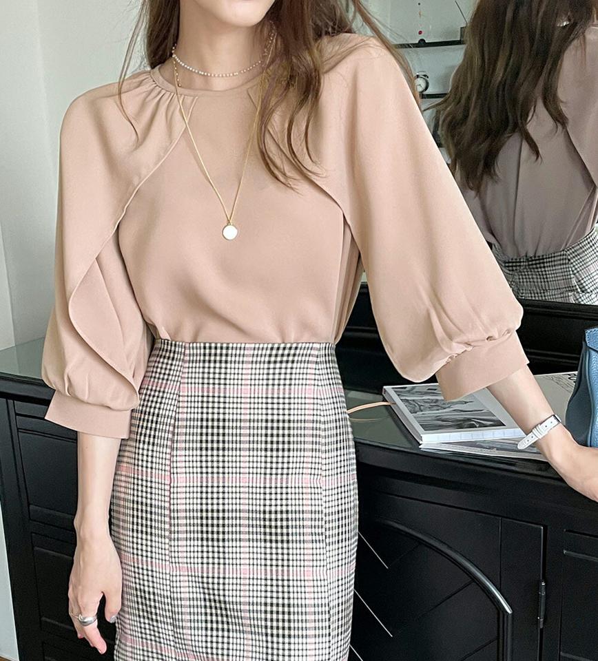 ギャザーケープブラウス・b00976 レディース 【bl】ブラウス トップス 7分袖 七分袖 単色 無地 シンプル ベーシック ユニーク パステル オフィスカジュアル ギャザー 二の腕カバー 春 夏 秋 フェミニン 白 韓国ファッション ハイホリHIHOLLI