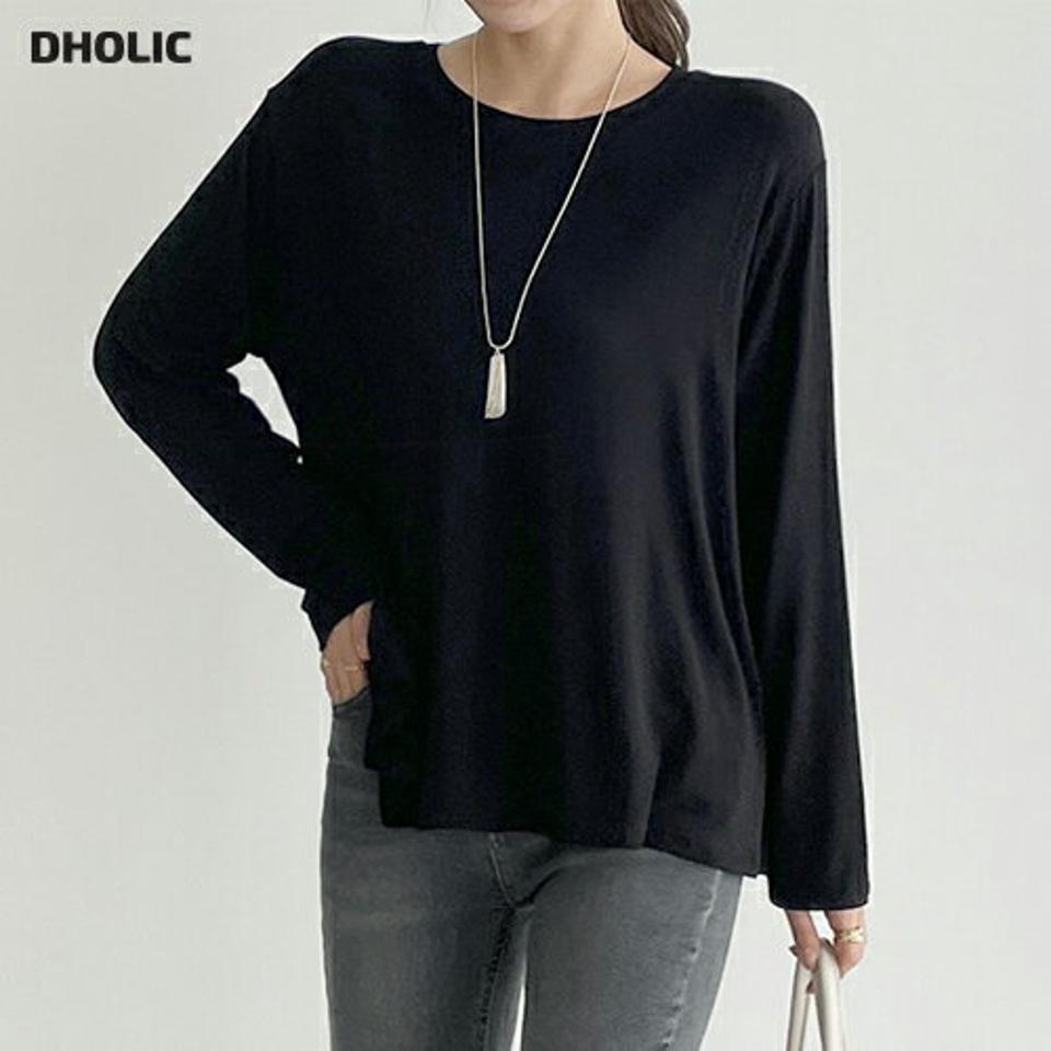 フレア長袖Tシャツ・t72525 レディース 【tops】トップス Tシャツ 長袖 単色 無地 シンプル ユニーク ベーシック フレア お腹カバー 体型カバー ラウンドネック ドロップショルダー ラフ 春 秋 フェミニン 黒 韓国ファッション ハイホリHIHOLLI