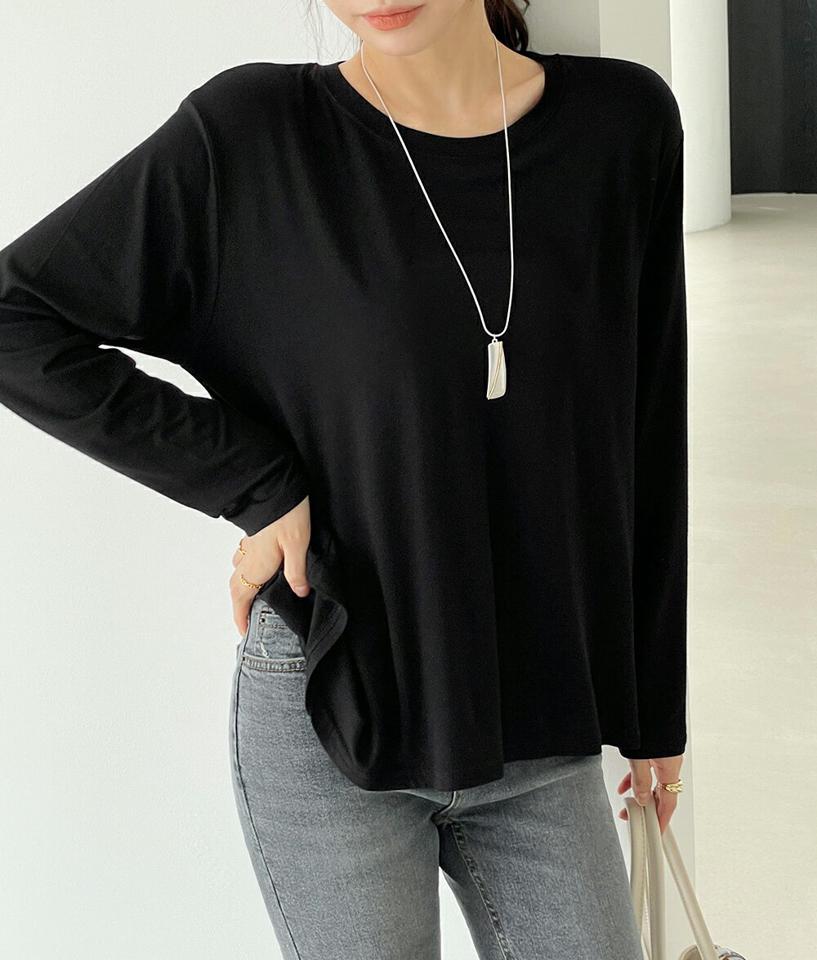 フレア長袖Tシャツ・t72525 レディース 【tops】トップス Tシャツ 長袖 単色 無地 シンプル ユニーク ベーシック フレア お腹カバー 体型カバー ラウンドネック ドロップショルダー ラフ 春 秋 フェミニン 黒 韓国ファッション ハイホリHIHOLLI