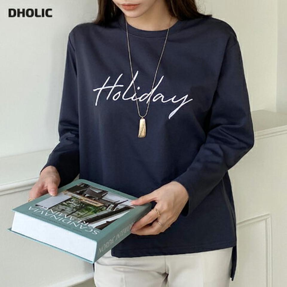 HolidayアンバランスTシャツ・b72526 レディース 【tops】Tシャツ 長袖 アンバランス 柄 模様 ロゴ ロゴT レタリング ラウンド根来 スリット 春 秋 冬 カジュアル かわいい 可愛い 大人 黒 灰色 ブラック グレー 韓国ファッション ハイホリHIHOLLI
