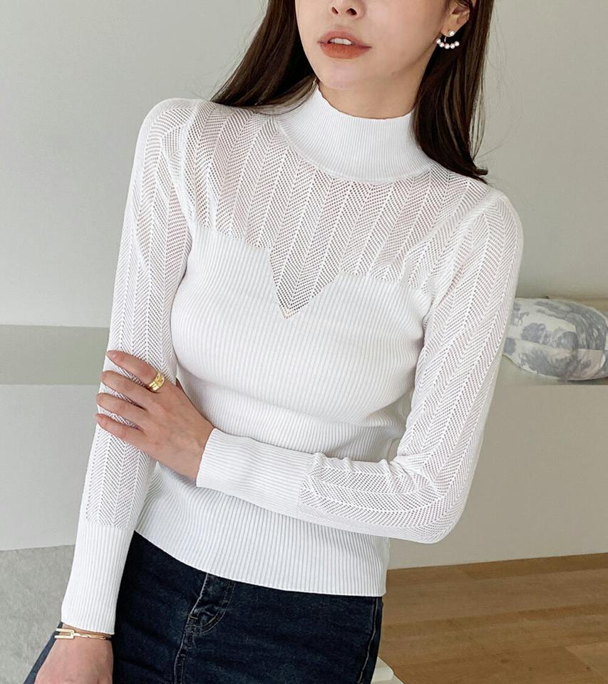 シアーパネルハイネックニット・t72529 レディース 【tops】ニット トップス 長袖 単色 模様 異素材 シアー 透け感 シースルー タイト 細身 スリム ハイネック ハートネック リブ 春 秋 大人 白 ホワイト 韓国ファッション ハイホリHIHOLLI