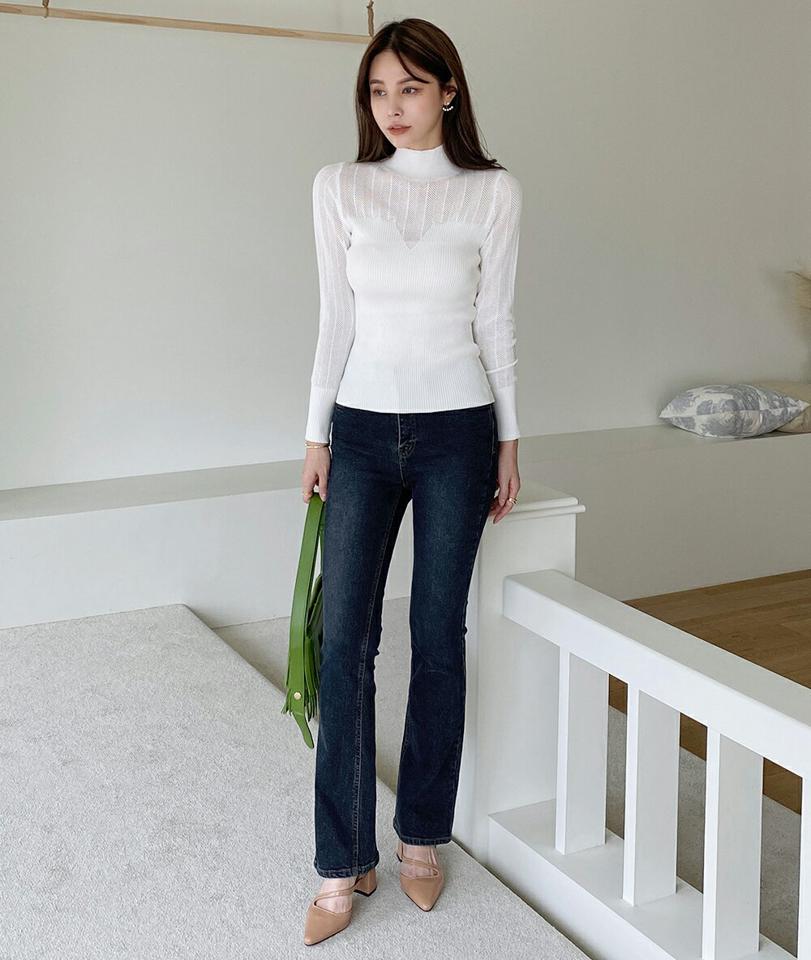シアーパネルハイネックニット・t72529 レディース 【tops】ニット トップス 長袖 単色 模様 異素材 シアー 透け感 シースルー タイト 細身 スリム ハイネック ハートネック リブ 春 秋 大人 白 ホワイト 韓国ファッション ハイホリHIHOLLI