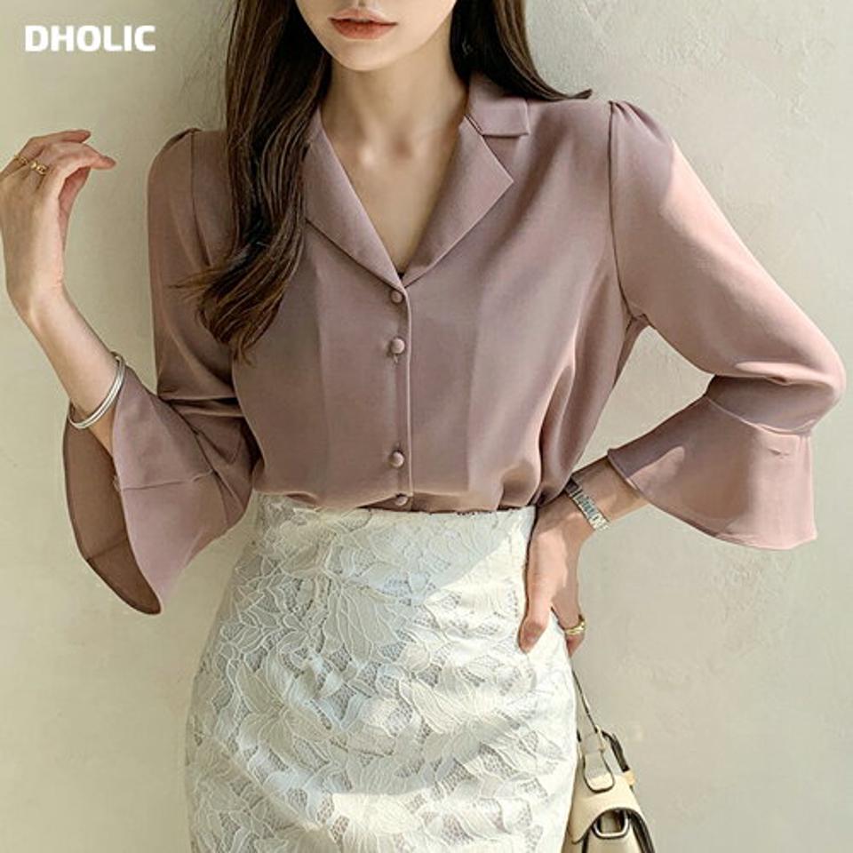 ベルスリーブカラーブラウス・b72531 レディース 【bl】ブラウス トップス 単色 無地 シンプル オフィスカジュアル パステル 7分袖 七分袖 襟 Vネック 鎖骨 デコルテ 大人 上品 ピンク フレア 春 秋 フェミニン 韓国ファッション ハイホリHIHOLLI