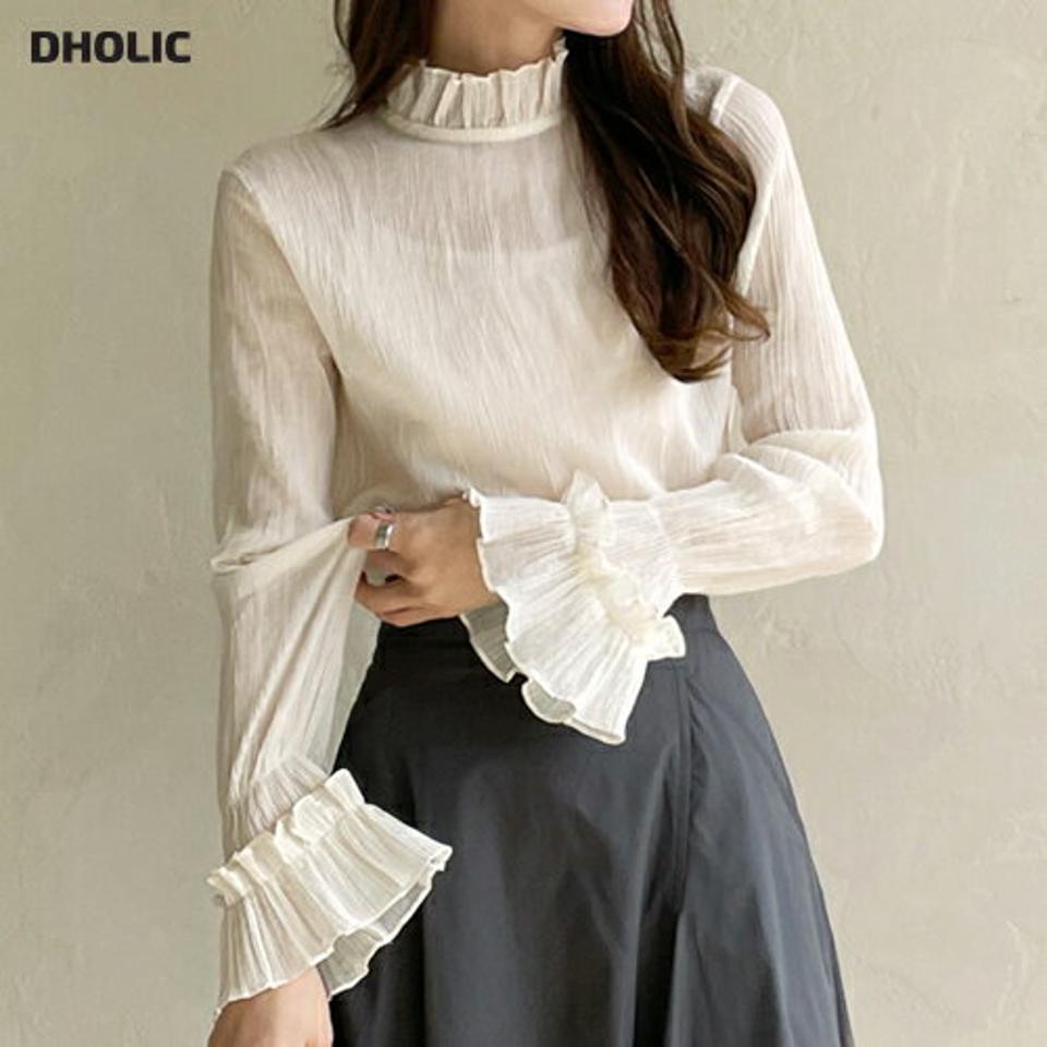 【送料無料・メール便】シアーフリルブラウス・b72533 レディース 【bl】ブラウス トップス 長袖 単色 無地 リンクル シアー シースルー 透け感 フリル パフ ハーフネック 春 秋 フェミニン キュート クリスマス 韓国ファッション HIHOLLI 人気【UB3】