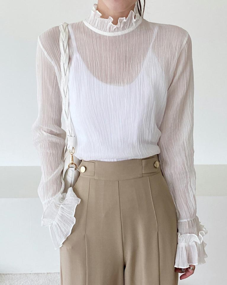 【送料無料・メール便】シアーフリルブラウス・b72533 レディース 【bl】ブラウス トップス 長袖 単色 無地 リンクル シアー シースルー 透け感 フリル パフ ハーフネック 春 秋 フェミニン キュート クリスマス 韓国ファッション HIHOLLI 人気【UB3】