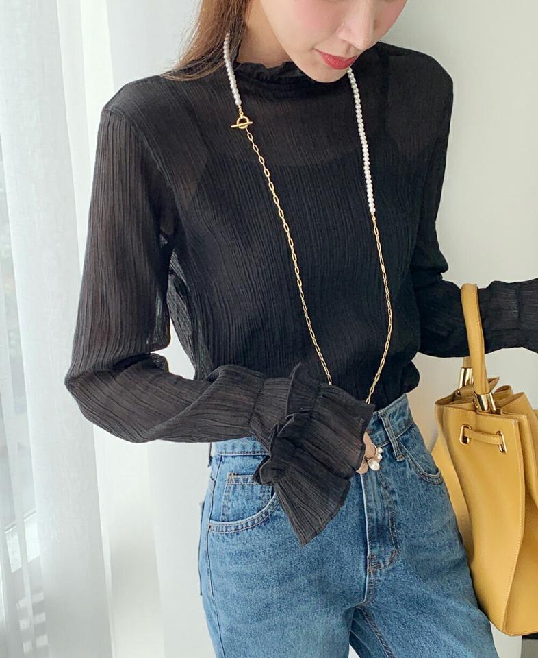 【送料無料・メール便】シアーフリルブラウス・b72533 レディース 【bl】ブラウス トップス 長袖 単色 無地 リンクル シアー シースルー 透け感 フリル パフ ハーフネック 春 秋 フェミニン キュート クリスマス 韓国ファッション HIHOLLI 人気【UB3】