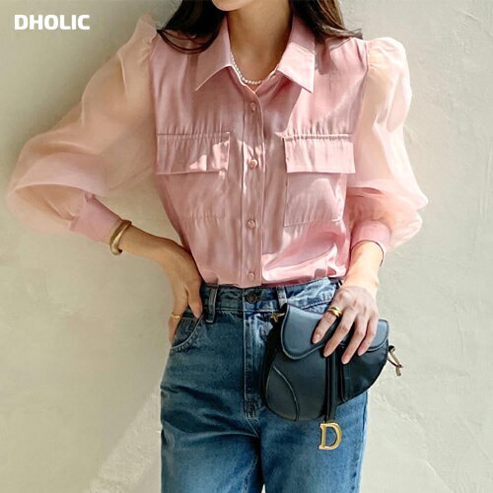 ストラップ付シアーパフブラウス・t72534 レディース 【bl】ブラウス トップス 長袖 異素材 単色 ユニーク 襟 ぼたん ボタン パフスリーブ パフ袖 シアー シースルー 透け感 春 夏 秋 フェミニン ピンク パステル 韓国ファッション ハイホリHIHOLLI