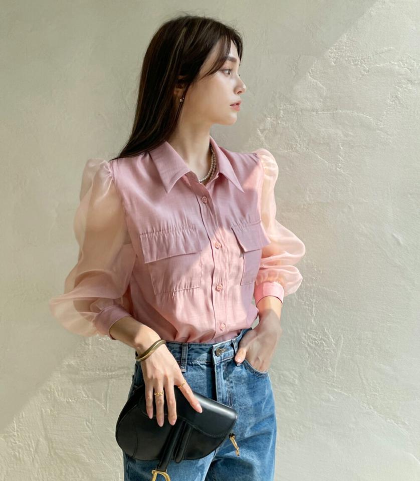 ストラップ付シアーパフブラウス・t72534 レディース 【bl】ブラウス トップス 長袖 異素材 単色 ユニーク 襟 ぼたん ボタン パフスリーブ パフ袖 シアー シースルー 透け感 春 夏 秋 フェミニン ピンク パステル 韓国ファッション ハイホリHIHOLLI