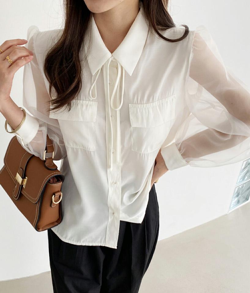 ストラップ付シアーパフブラウス・t72534 レディース 【bl】ブラウス トップス 長袖 異素材 単色 ユニーク 襟 ぼたん ボタン パフスリーブ パフ袖 シアー シースルー 透け感 春 夏 秋 フェミニン ピンク パステル 韓国ファッション ハイホリHIHOLLI