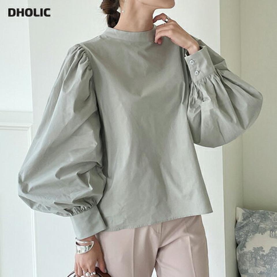 コットンパフスリーブブラウス・t72535 レディース 【bl】ブラウス トップス 長袖 単色 無地 パフスリーブ コットン 綿 ハーフネック 春 秋 フェミニン インしないブラウス モックネック デコラティブ ボリュームスリーブ プルオーバー 韓国ファッション ハイホリHIHOLLI