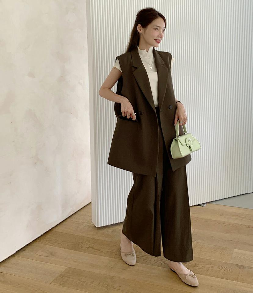 ダブルブレストベスト&ボタンスラックスSET・b72539 レディース 【pt】セットアップ セット ベスト ジレ 単色 無地 シンプル ベーシック 襟 Vネック パンツ スラックス タック ロング丈 春 秋 ベージュ ジレ スクールガール フレンチ 韓国ファッション ハイホリHIHOLLI
