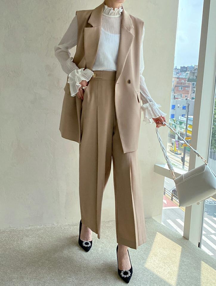 ダブルブレストベスト&ボタンスラックスSET・b72539 レディース 【pt】セットアップ セット ベスト ジレ 単色 無地 シンプル ベーシック 襟 Vネック パンツ スラックス タック ロング丈 春 秋 ベージュ ジレ スクールガール フレンチ 韓国ファッション ハイホリHIHOLLI