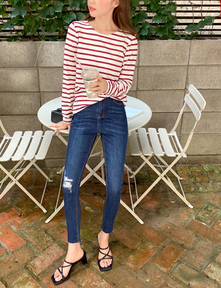 ラウンドネックボーダーTシャツ・b01548 レディース 【tops】トップス Tシャツ 長袖 ボーダー柄 ラウンドネック シンプル カジュアル ラフ 赤 レッド 春 秋 韓国ファッション