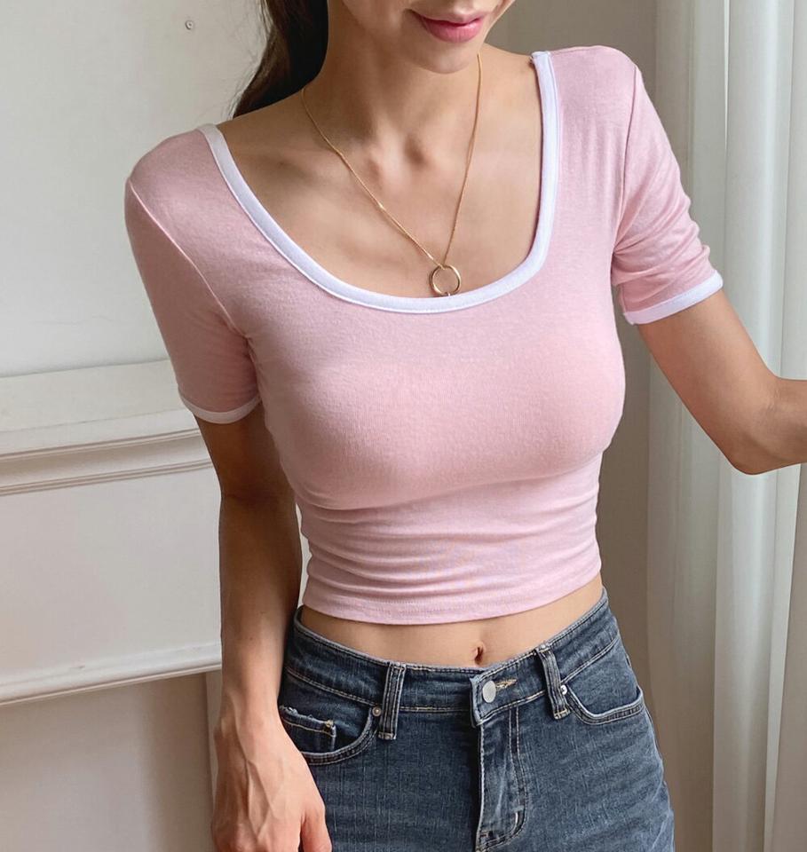 配色UネックTシャツ・t01547 レディース 【tops】トップス Tシャツ 半袖 配色 デコルテ タイト スリム 大人 クロップド丈 カジュアル 春 夏 韓国ファッション