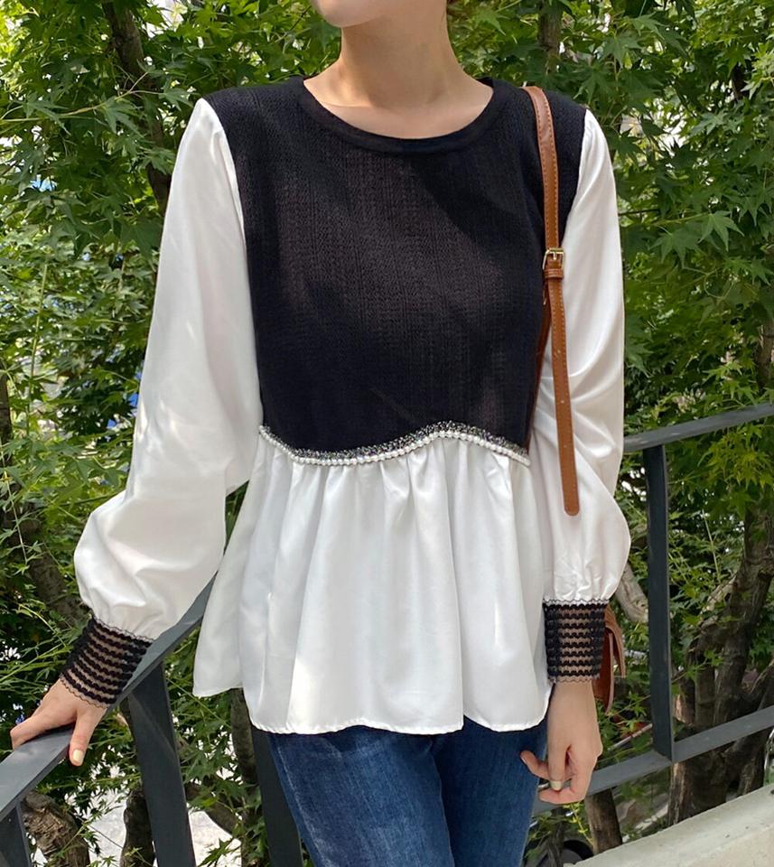 フェイクパールペプラムニット・b01557 レディース 【tops】トップス ニット 年上 長袖 ペプラムトップス パール フェミニン ラウンドネック かわいい ボリューム袖 ラウンドネック きれいめ 大人 インしない お腹カバー 体型カバー 春 秋 異素材 韓国ファッション 人気