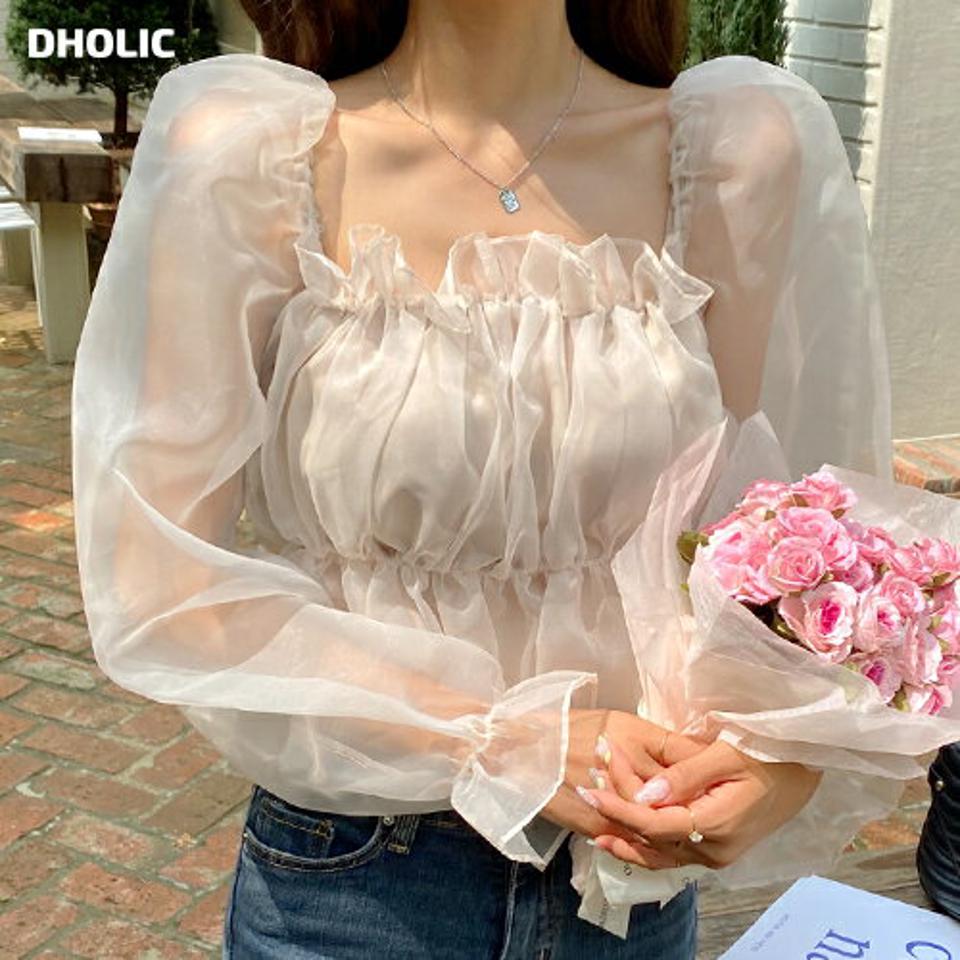 2WAYシフォンペプラムブラウス・t01581 レディース 【bl】トップス ブラウス 長袖 透け感 シアー シースルー フェミニン かわいい 可愛い シフォン ペプラム スクエアネック デコルテ オフショルダー 上品 パフスリーブ 春 夏 秋 韓国ファッション