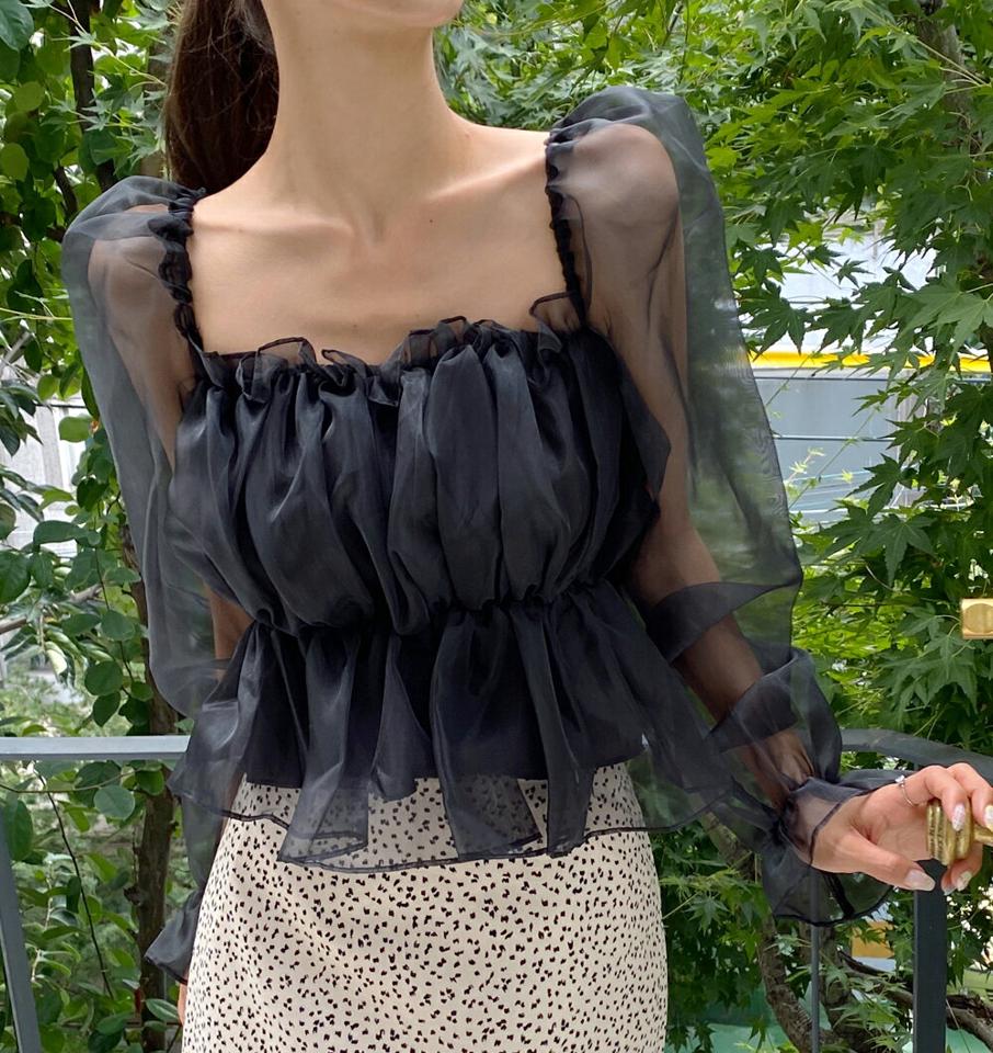 2WAYシフォンペプラムブラウス・t01581 レディース 【bl】トップス ブラウス 長袖 透け感 シアー シースルー フェミニン かわいい 可愛い シフォン ペプラム スクエアネック デコルテ オフショルダー 上品 パフスリーブ 春 夏 秋 韓国ファッション