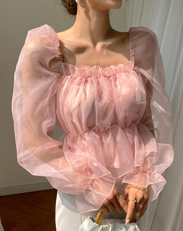 2WAYシフォンペプラムブラウス・t01581 レディース 【bl】トップス ブラウス 長袖 透け感 シアー シースルー フェミニン かわいい 可愛い シフォン ペプラム スクエアネック デコルテ オフショルダー 上品 パフスリーブ 春 夏 秋 韓国ファッション