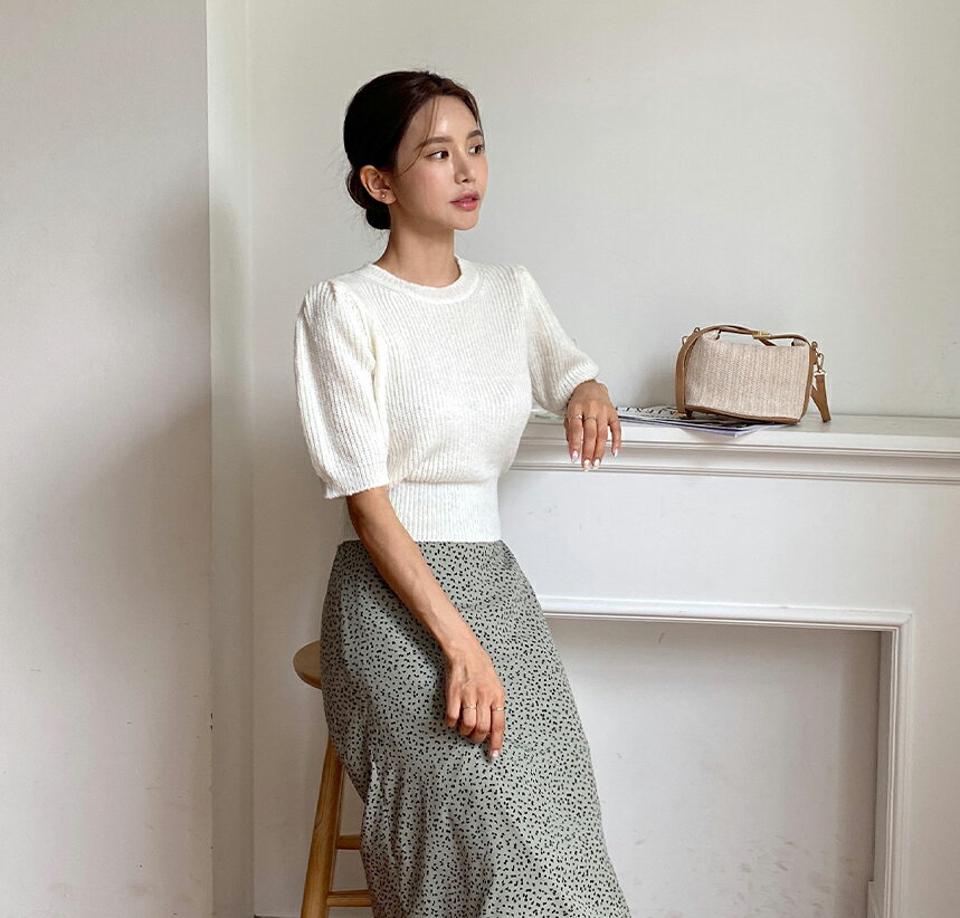 パステルパフスリーブニット・t01559 レディース 【tops】トップス ニット 半袖 ハーフスリーブ パフスリーブ 単色 無地 シンプル ベーシック リブ パステル カジュアル ウール 黄緑 カラーニット 春 秋 韓国ファッション