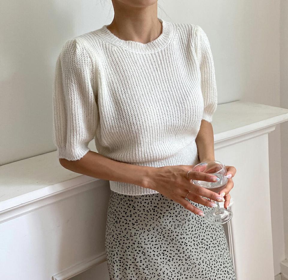 パステルパフスリーブニット・t01559 レディース 【tops】トップス ニット 半袖 ハーフスリーブ パフスリーブ 単色 無地 シンプル ベーシック リブ パステル カジュアル ウール 黄緑 カラーニット 春 秋 韓国ファッション