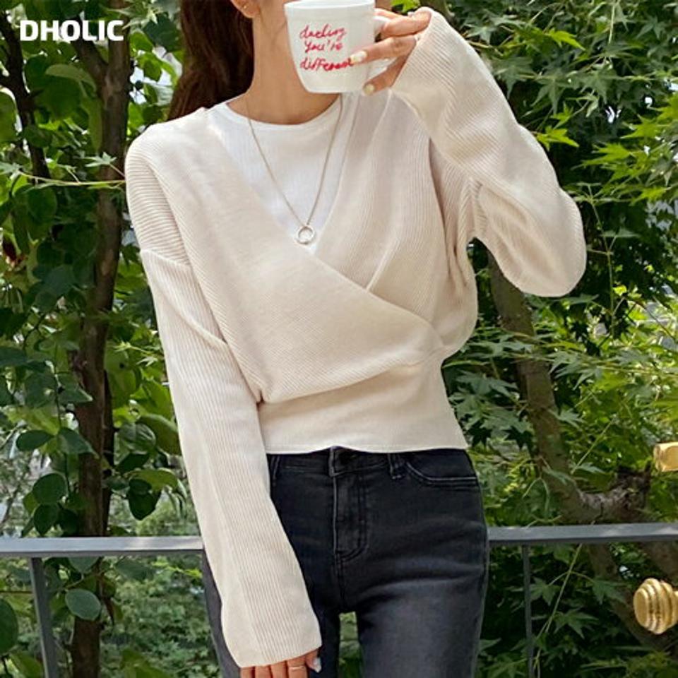 リブカシュクールニット・t01561 レディース 【tops】トップス ニット 年上 長袖 カシュクール 大人 リブ シンプル 単色 無地 きれいめ クロップド丈 Vネック ドロップショルダー インしない ショート丈 短丈 春 秋 韓国ファッション