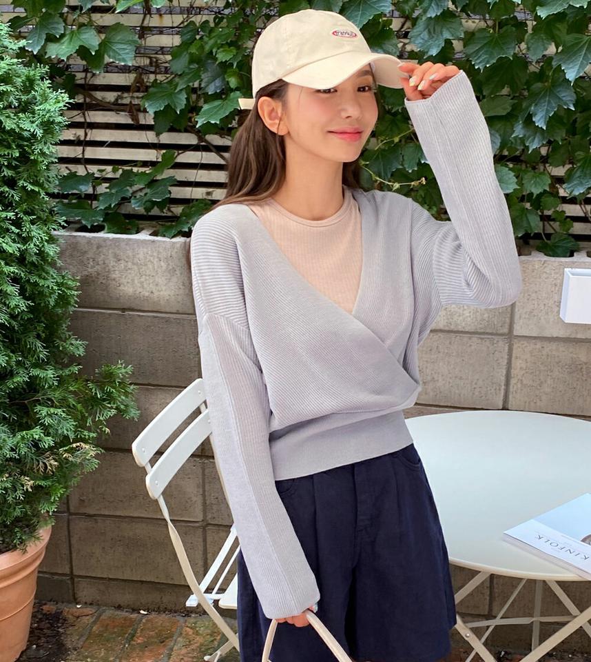 リブカシュクールニット・t01561 レディース 【tops】トップス ニット 年上 長袖 カシュクール 大人 リブ シンプル 単色 無地 きれいめ クロップド丈 Vネック ドロップショルダー インしない ショート丈 短丈 春 秋 韓国ファッション