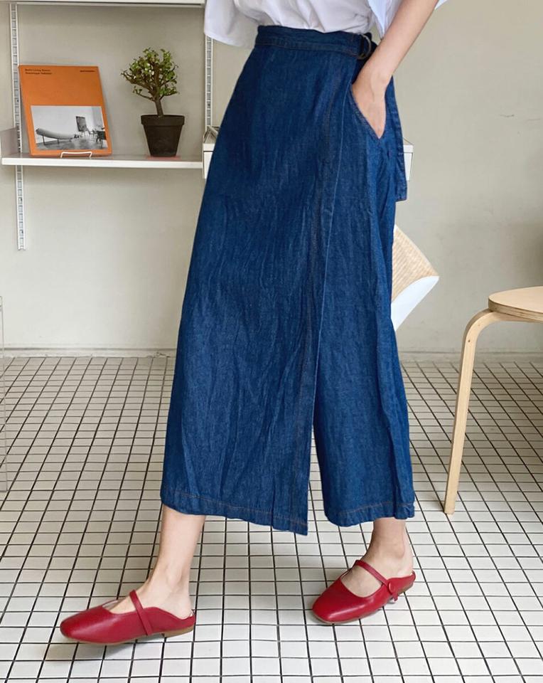 ラップワイドデニムパンツ・b01136 レディース 【pt】パンツ ズボン ロングパンツ スカンツ スカーチョ スカート風 デニム ワイドパンツ ラップデザイン 濃い カジュアル かわいい 大人 Aライン 春 夏 秋 韓国ファッション