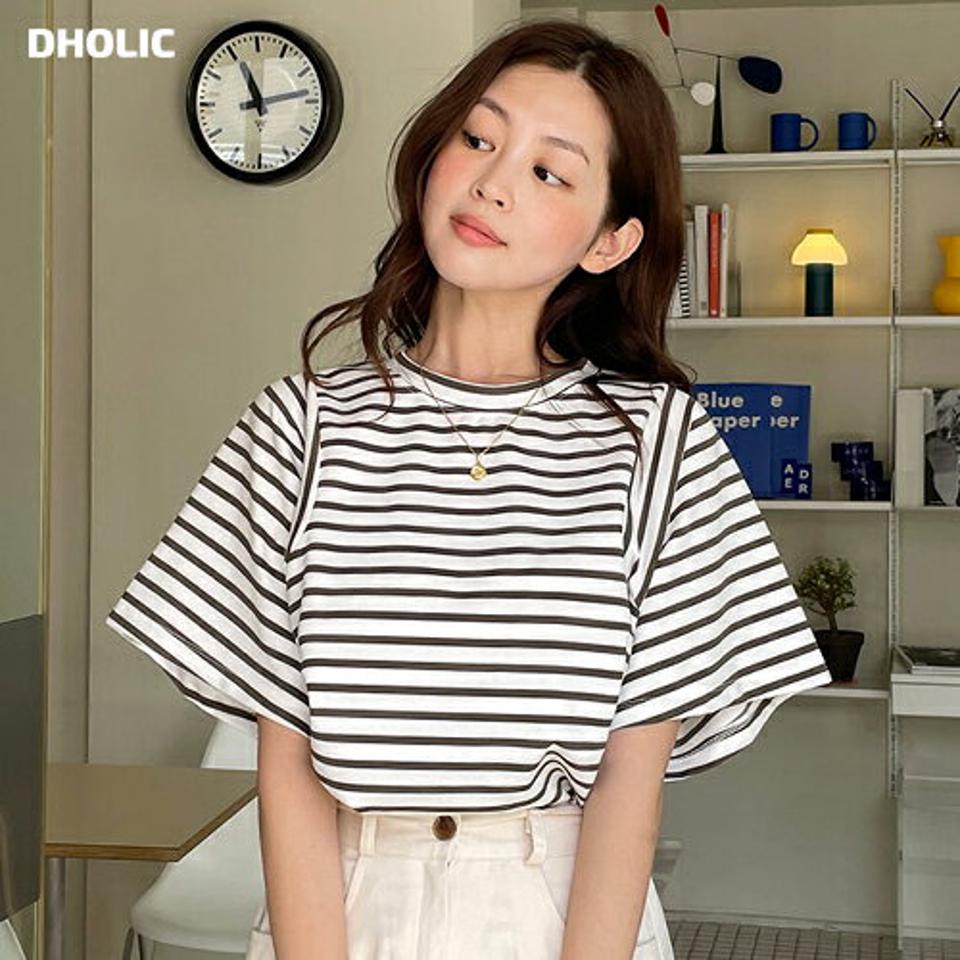 【10%OFF】ショルダーストライプボーダーTシャツ・t01131 レディース 【tops】トップス Tシャツ 半袖 ハーフスリーブ ボーダー柄 ラウンドネック カジュアル ラフ 二の腕カバー 春 夏 韓国ファッション セール SALE