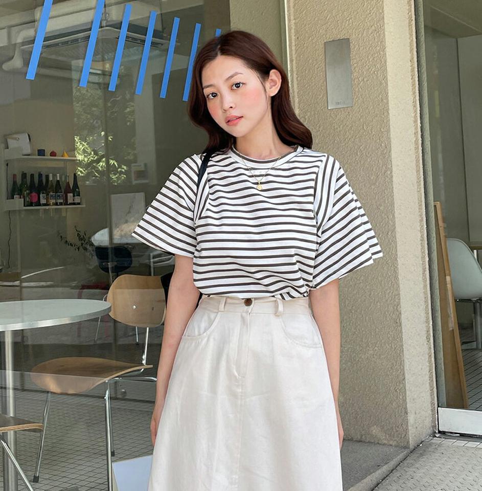 【10%OFF】ショルダーストライプボーダーTシャツ・t01131 レディース 【tops】トップス Tシャツ 半袖 ハーフスリーブ ボーダー柄 ラウンドネック カジュアル ラフ 二の腕カバー 春 夏 韓国ファッション セール SALE
