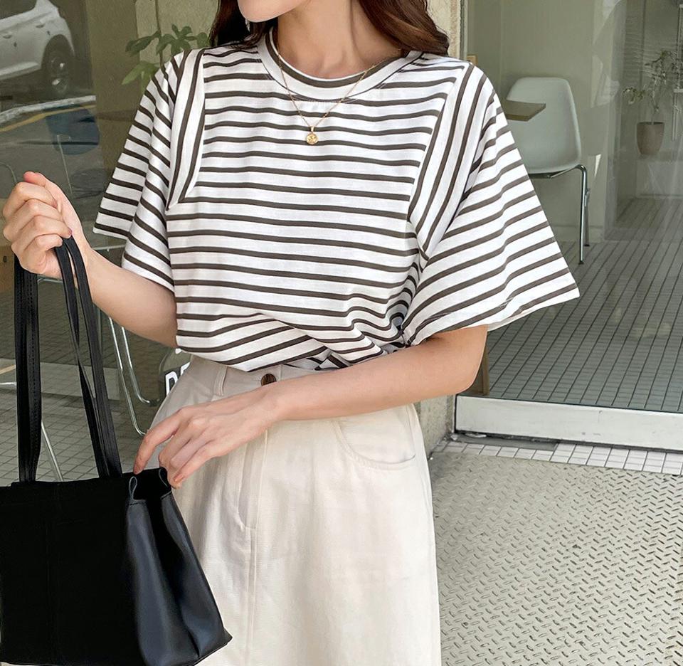 【10%OFF】ショルダーストライプボーダーTシャツ・t01131 レディース 【tops】トップス Tシャツ 半袖 ハーフスリーブ ボーダー柄 ラウンドネック カジュアル ラフ 二の腕カバー 春 夏 韓国ファッション セール SALE