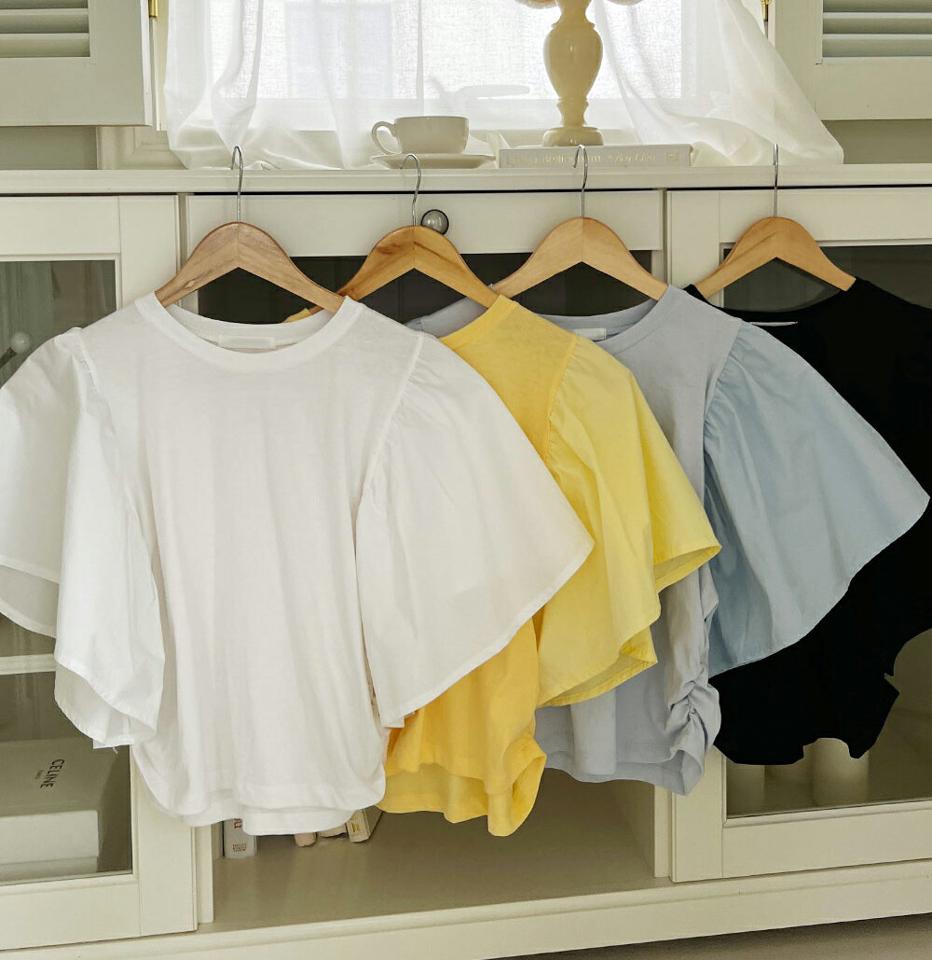 フレアスリーブTシャツ・t01130 レディース 【tops】トップス Tシャツ 半袖 ハーフスリーブ 二の腕カバー 袖コン ラウンドネック フレアスリーブ 単色 無地 かわいい 異素材 ギャザー シャーリング 大人 黄色 夏 韓国ファッション