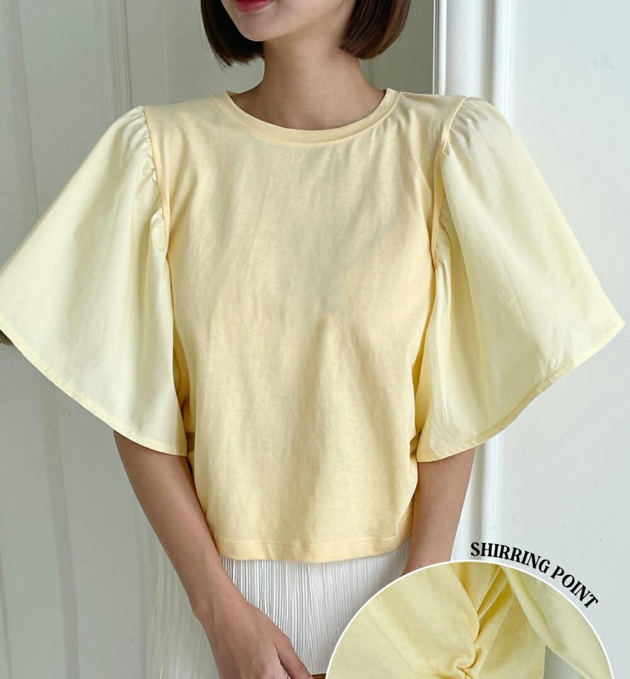 フレアスリーブTシャツ・t01130 レディース 【tops】トップス Tシャツ 半袖 ハーフスリーブ 二の腕カバー 袖コン ラウンドネック フレアスリーブ 単色 無地 かわいい 異素材 ギャザー シャーリング 大人 黄色 夏 韓国ファッション