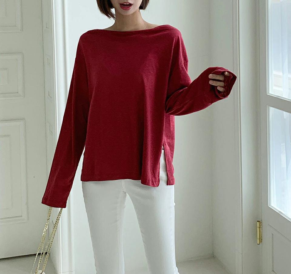 2WAYリネン混ルーズTシャツ・t01129 レディース 【tops】トップス Tシャツ 長袖 リネン ルーズ 単色 無地 シンプル 大人 カジュアル デコルテ 青 ワンショルダー 肩出し ドロップショルダー ボートネック 春 秋 韓国ファッション