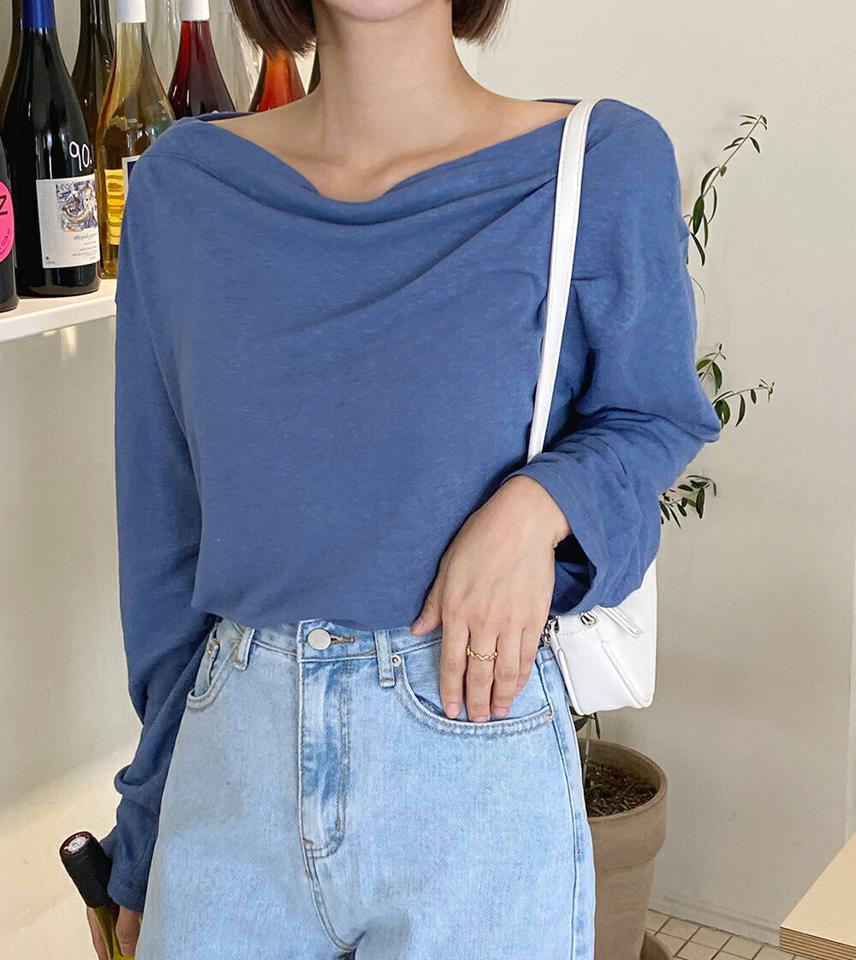 2WAYリネン混ルーズTシャツ・t01129 レディース 【tops】トップス Tシャツ 長袖 リネン ルーズ 単色 無地 シンプル 大人 カジュアル デコルテ 青 ワンショルダー 肩出し ドロップショルダー ボートネック 春 秋 韓国ファッション