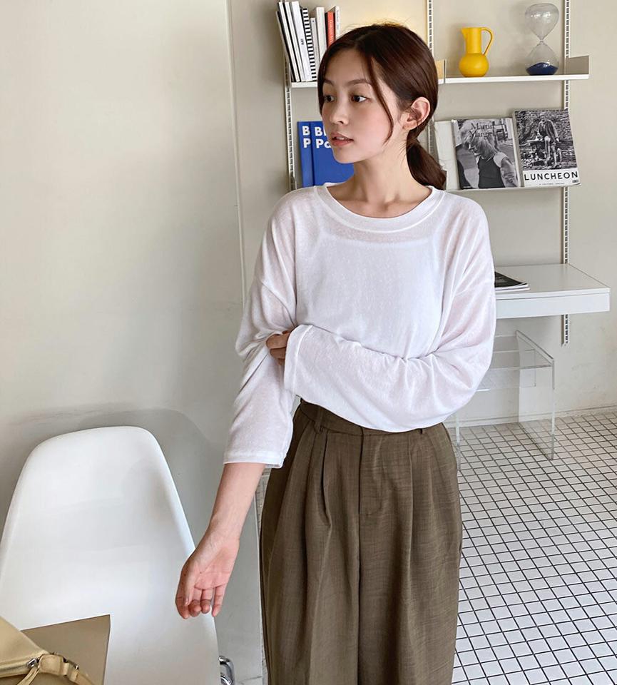 リネン混ルーズTシャツ・b01127 レディース 【tops】トップス Tシャツ 長袖 ロンT 単色 無地 シンプル ベーシック カジュアル リネン オーバーサイズ ゆったり ラフ 楽ちん 体型カバー オレンジ ドロップショルダー 春 夏 韓国ファッション