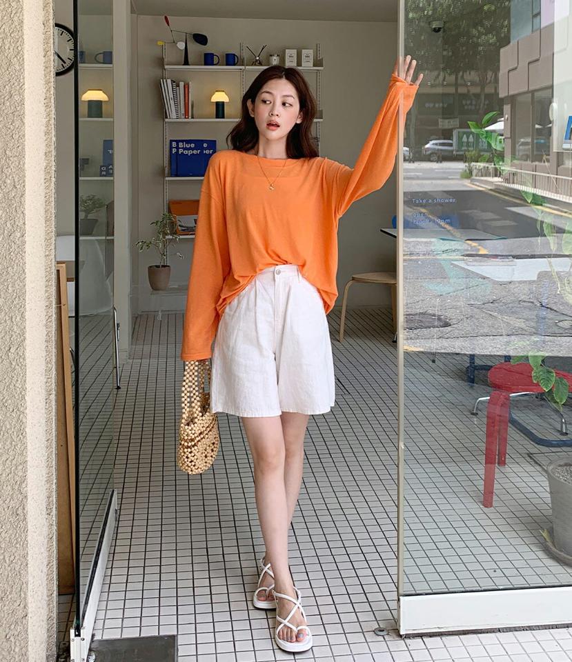 リネン混ルーズTシャツ・b01127 レディース 【tops】トップス Tシャツ 長袖 ロンT 単色 無地 シンプル ベーシック カジュアル リネン オーバーサイズ ゆったり ラフ 楽ちん 体型カバー オレンジ ドロップショルダー 春 夏 韓国ファッション