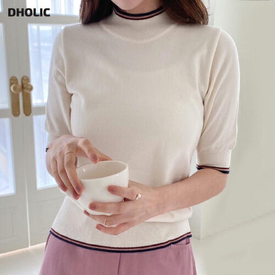ハーフネック配色ニット・t01126 レディース 【tops】トップス ニット 年上 半袖 ハーフスリーブ 配色 ハーフネック 大人 春 夏 韓国ファッション