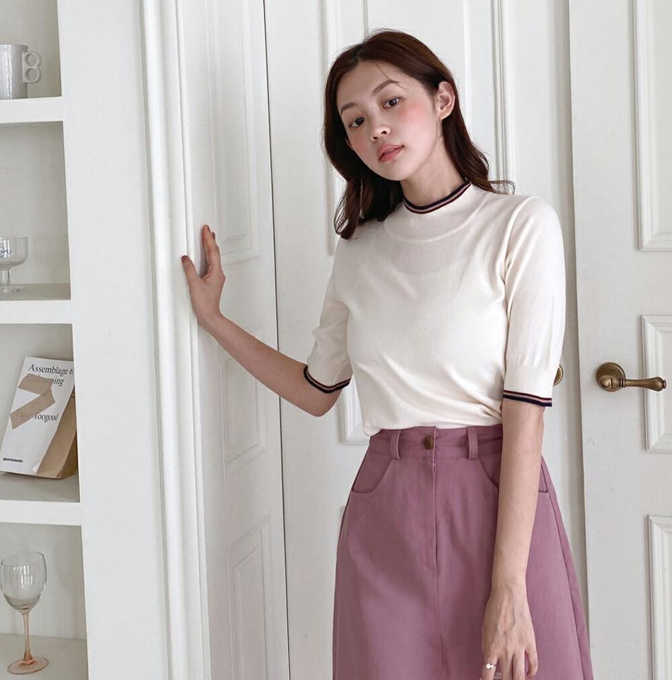 ハーフネック配色ニット・t01126 レディース 【tops】トップス ニット 年上 半袖 ハーフスリーブ 配色 ハーフネック 大人 春 夏 韓国ファッション