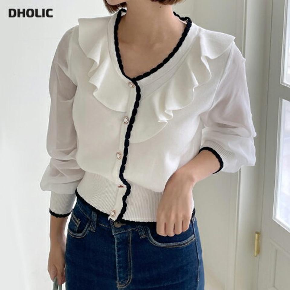 フリルシアースリーブニット・b01125 レディース 【tops】トップス ニット 年上 長袖 フリル かわいい 可愛い 大人 襟コン 配色 透け感 シアー シースルー スカラップ ガーリー 春 秋 韓国ファッション