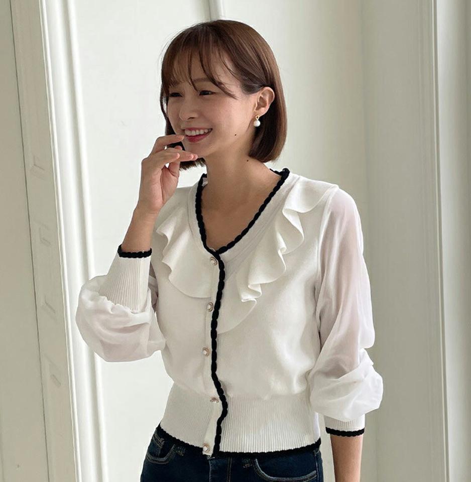 フリルシアースリーブニット・b01125 レディース 【tops】トップス ニット 年上 長袖 フリル かわいい 可愛い 大人 襟コン 配色 透け感 シアー シースルー スカラップ ガーリー 春 秋 韓国ファッション