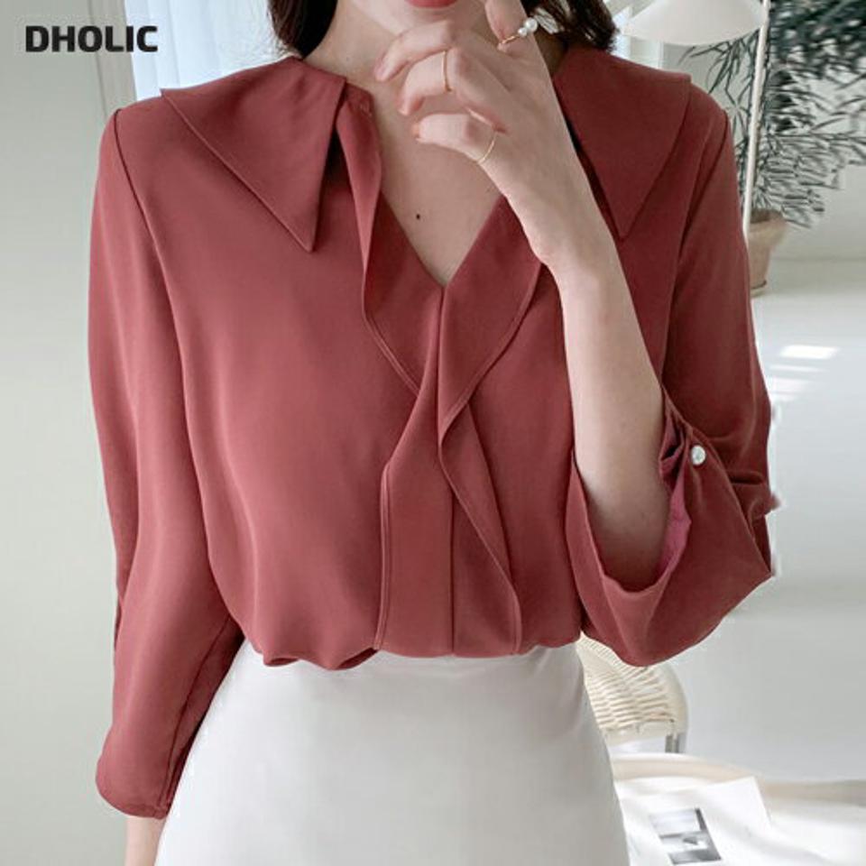 7分袖カラーフリルブラウス・t01123 レディース 【bl】トップス ブラウス 七分袖 七分丈 7分袖 7分丈 フリル 襟コン 襟 オフィスカジュアル ユニーク 上品 きれいめ フェミニン ピンク 大人 春 秋 韓国ファッション